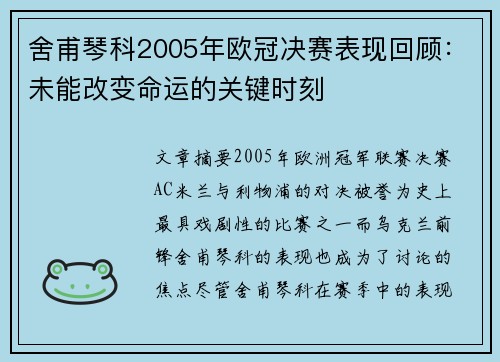 舍甫琴科2005年欧冠决赛表现回顾：未能改变命运的关键时刻